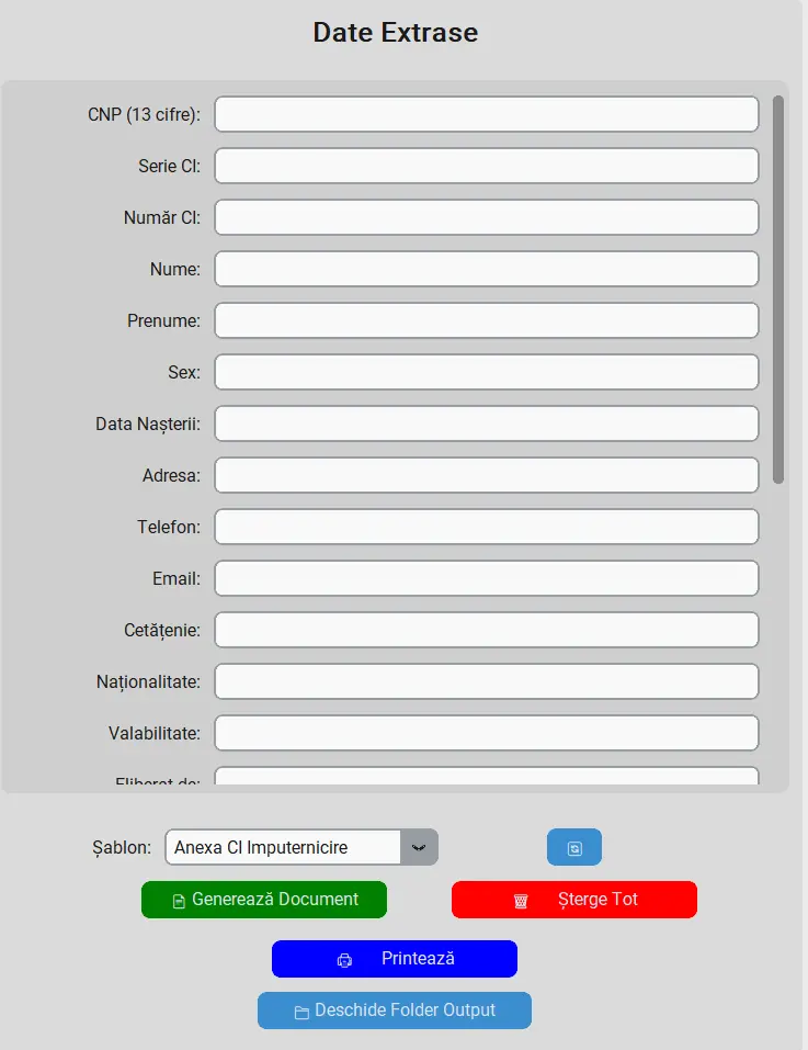Cititor CI - Formular de date extras din buletin